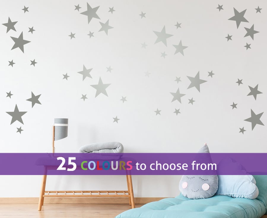 48 mixed size SILVER matt metallic STARS, shapes wall art stickers decals