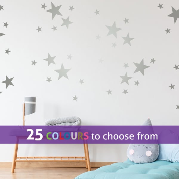 48 mixed size SILVER matt metallic STARS, shapes wall art stickers decals