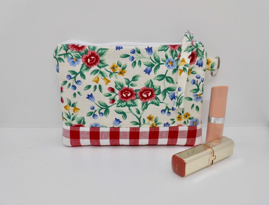 SOLD Make up bag in floral print and Laura Ashley red check makeup