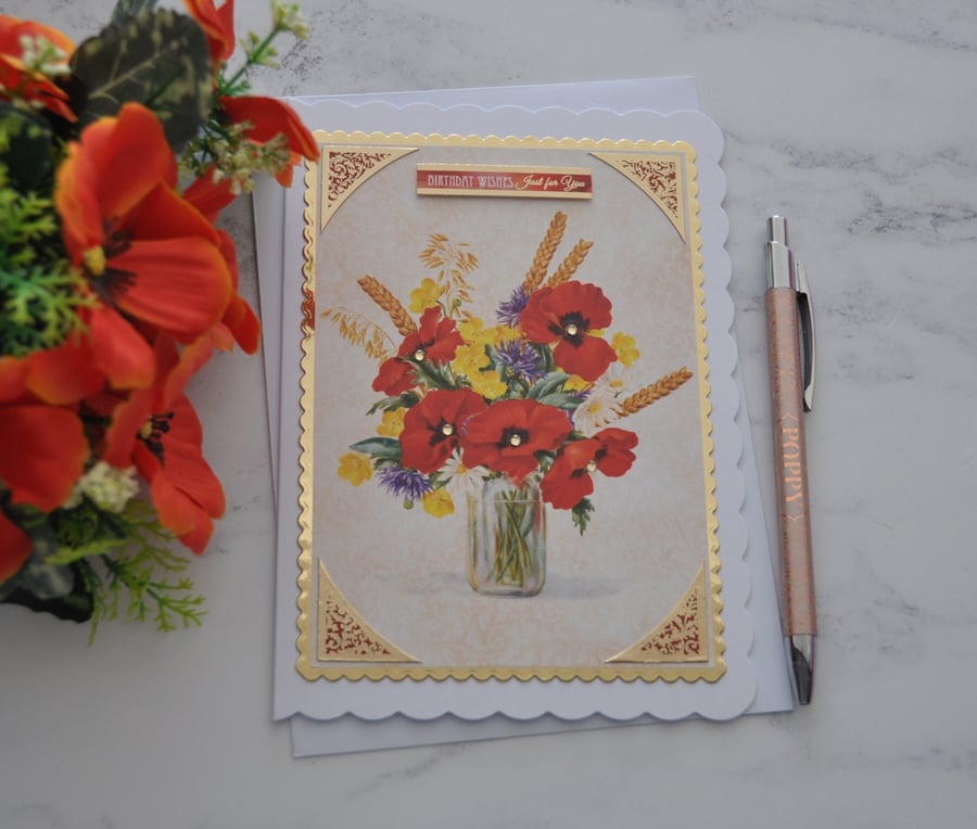 Red Poppies Birthday Card Birthday Wishes Just for You 3D Luxury Handmade