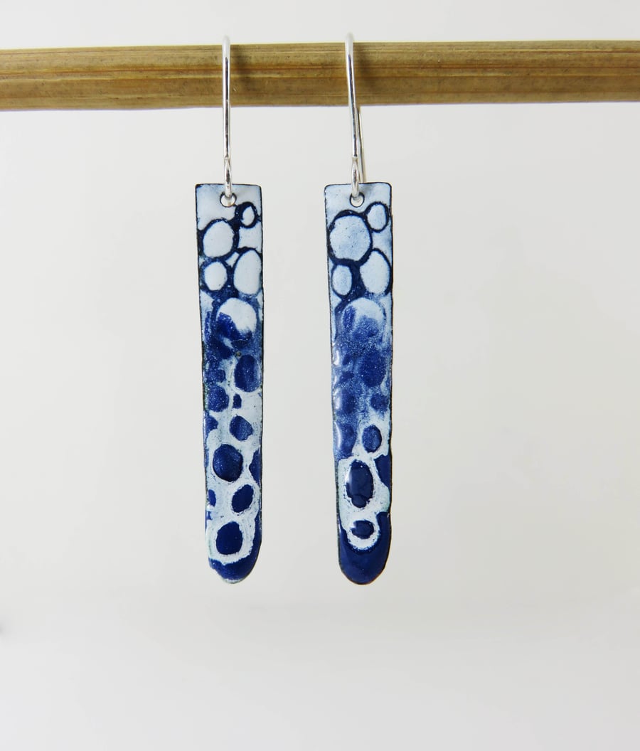 Copper Enamel Dangle Earrings with Blue and White Hand Drawn Pebble Pattern