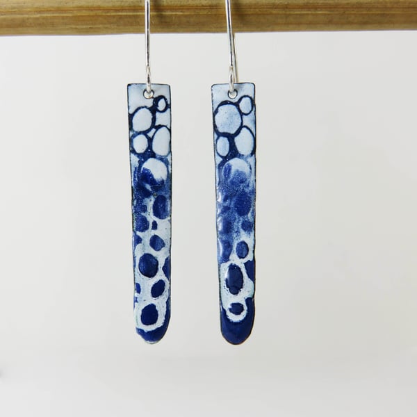Copper Enamel Dangle Earrings with Blue and White Hand Drawn Pebble Pattern