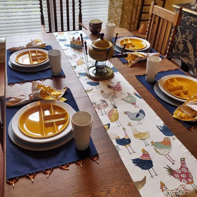 Table Runner Hen Chicken Brown Green 72" Farmhouse Hens Chickens Roosters