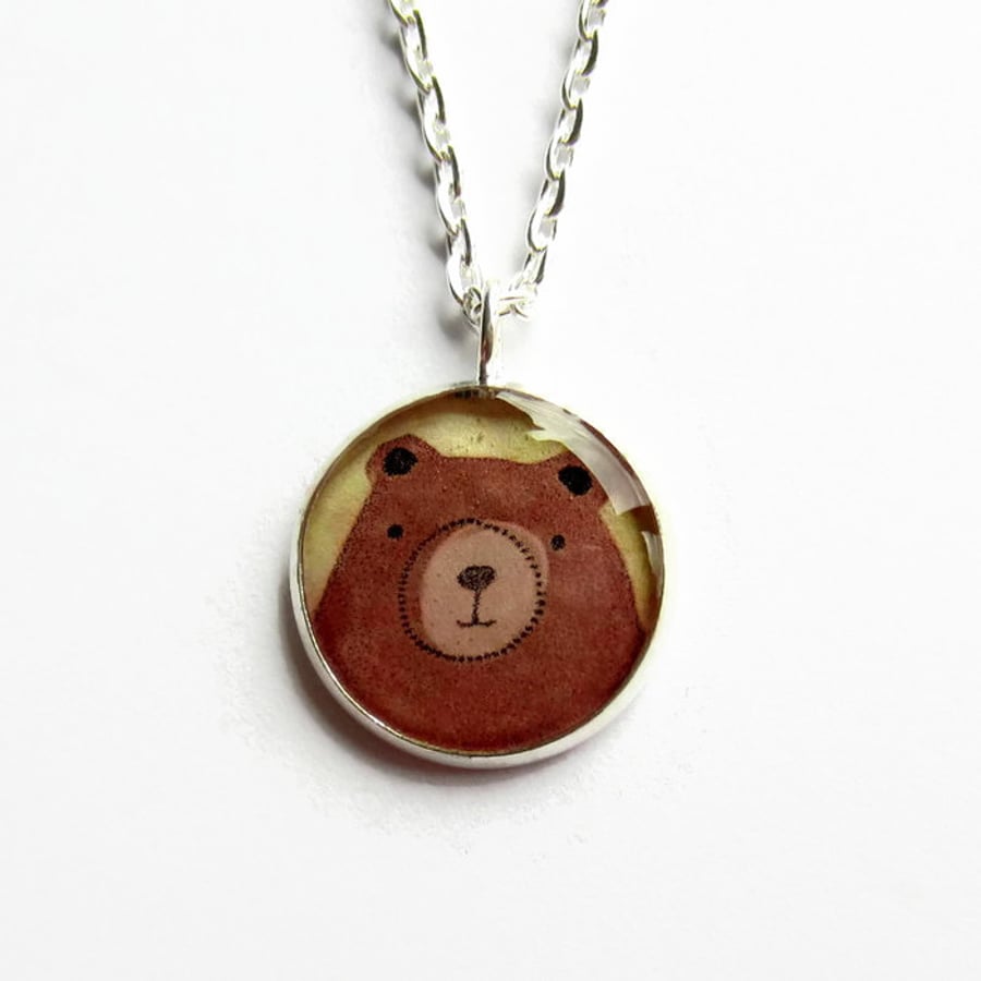 Brown Bear Necklace, Cute Grizzly Bear Picture Pendant, Resin Jewellery, 18mm