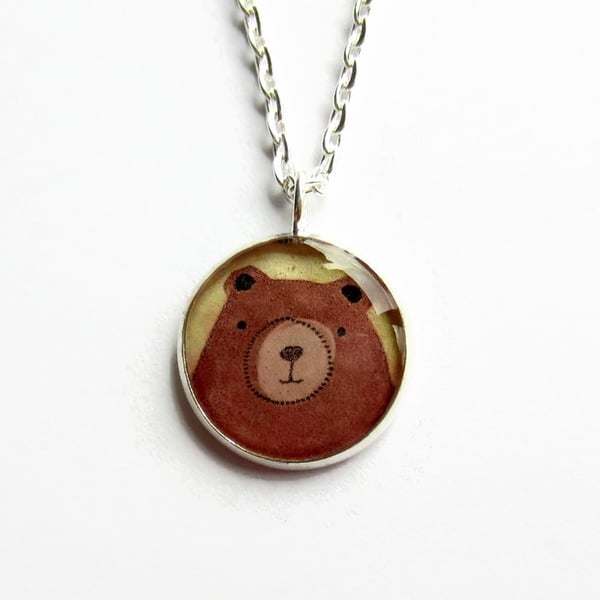 Brown Bear Necklace, Cute Grizzly Bear Picture Pendant, Resin Jewellery, 18mm