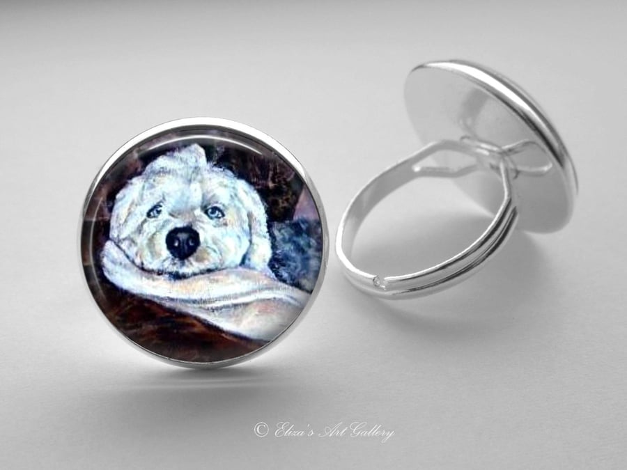 Silver Plated Old English Sheepdog Art Glass Cabochon Ring