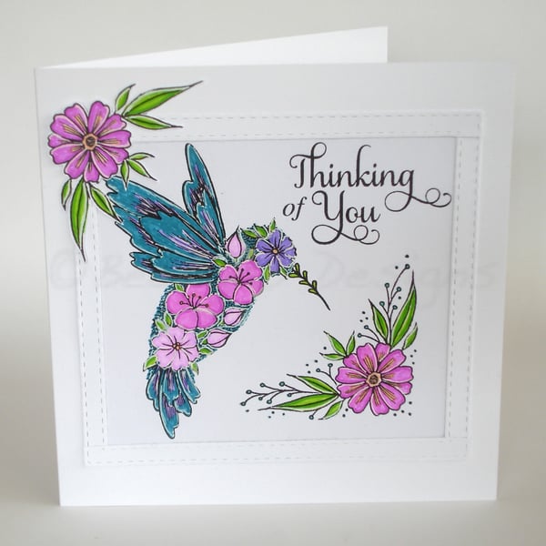 Thinking of You Hand Coloured Hummingbird Card