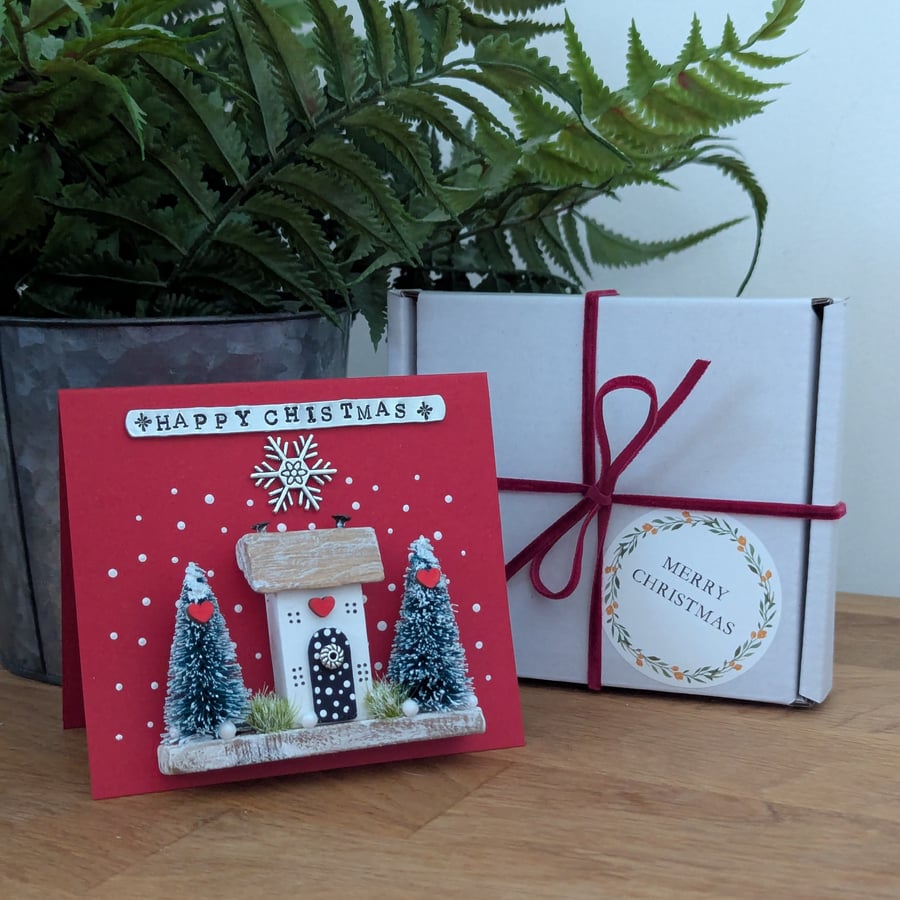 Happy Christmas Card With Removable Wooden Cottage Gift