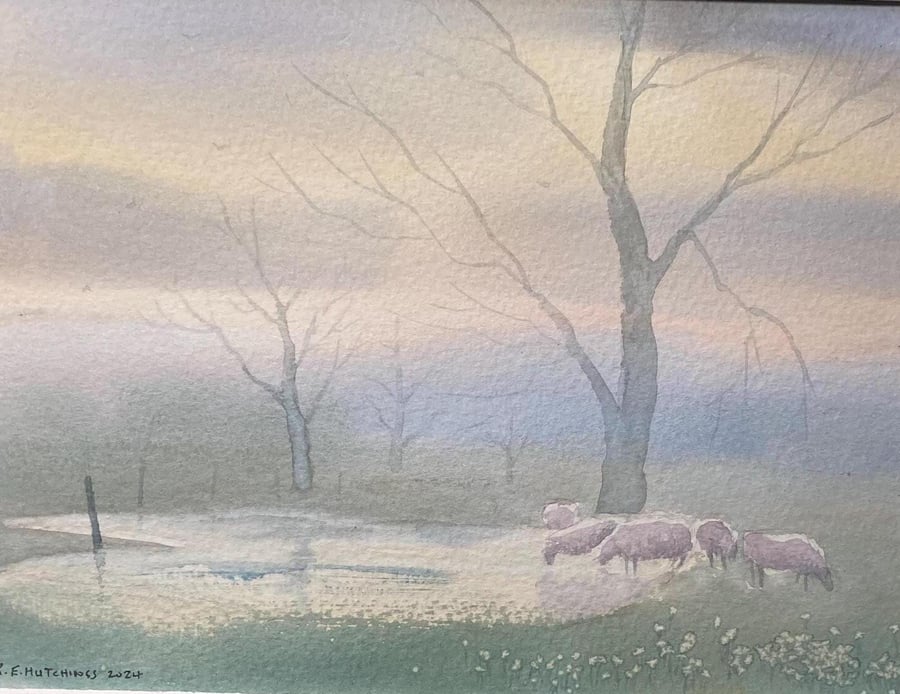 Ingleby fields - dusk (ORIGINAL WATERCOLOUR fully mounted 12 x10 ) 