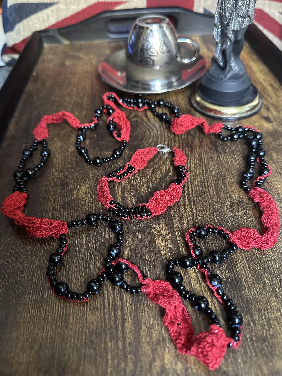 Handmade Necklace & Bracelet Set Black Agate Beads Red Crochet High Quality