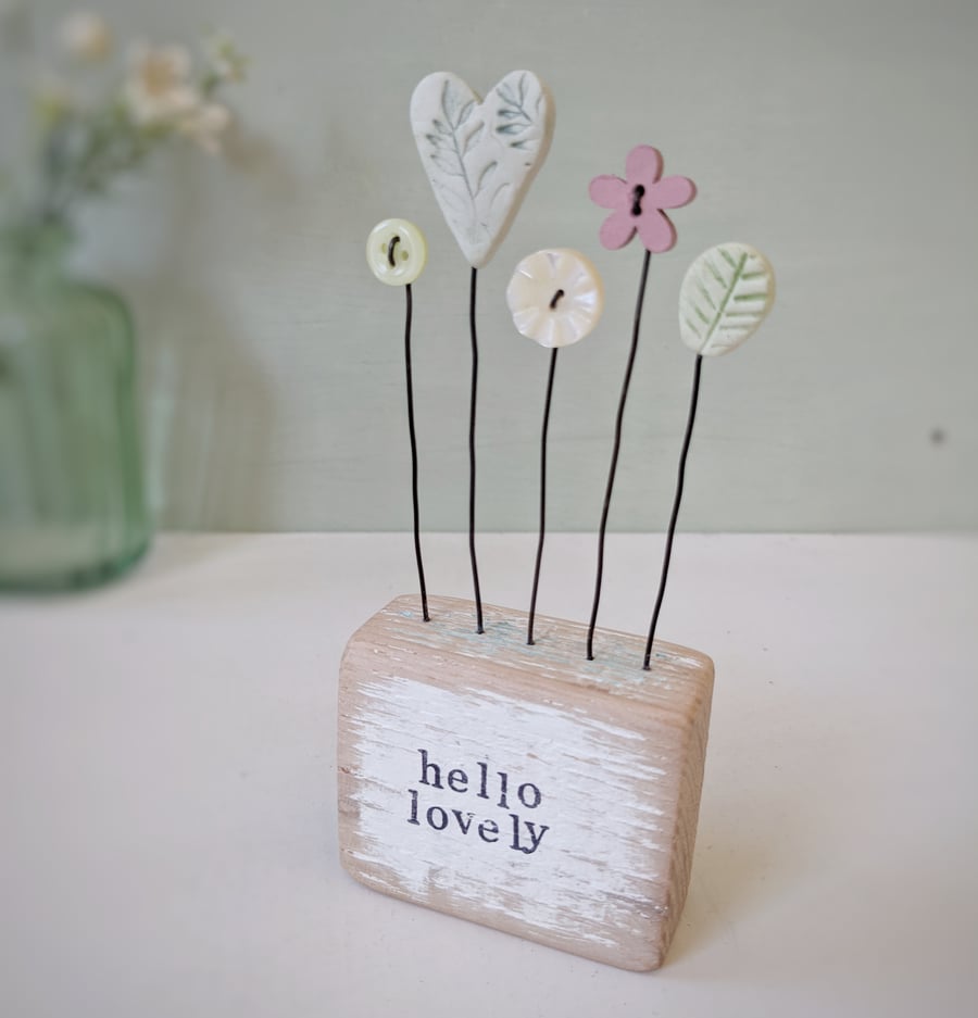 Clay Heart and Button Flowers in a Painted Wood Block 'Hello Lovely'