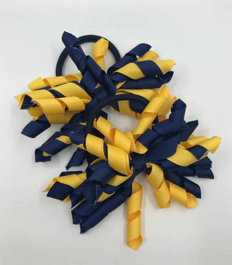 3 inch Navy and Yellow Gold Curly Corkers on Elastics (pair)