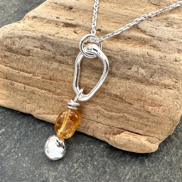 Citrine drop necklace, molten sterling silver hoop, pendant necklace