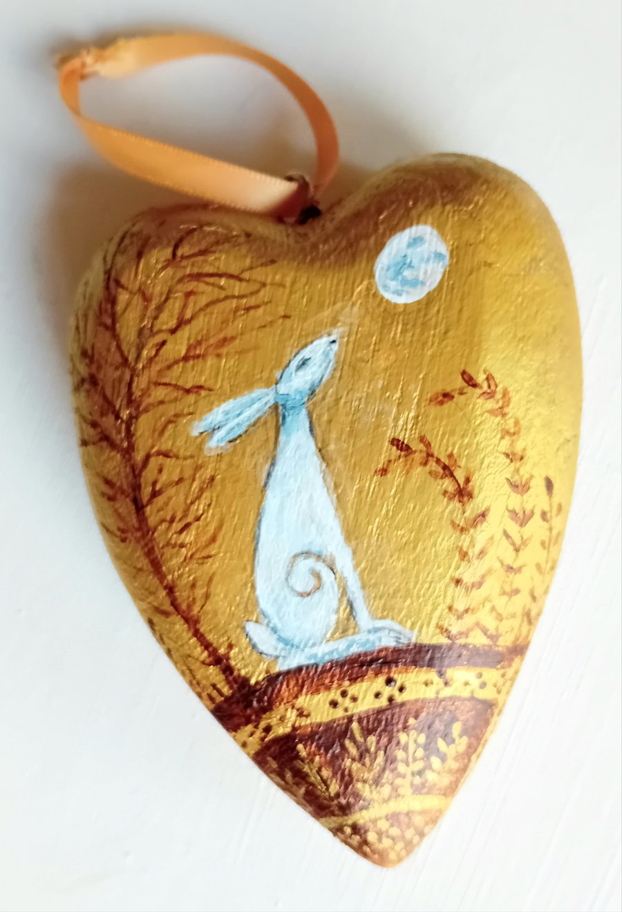 Chunky golden heart with white hare and moonlight 