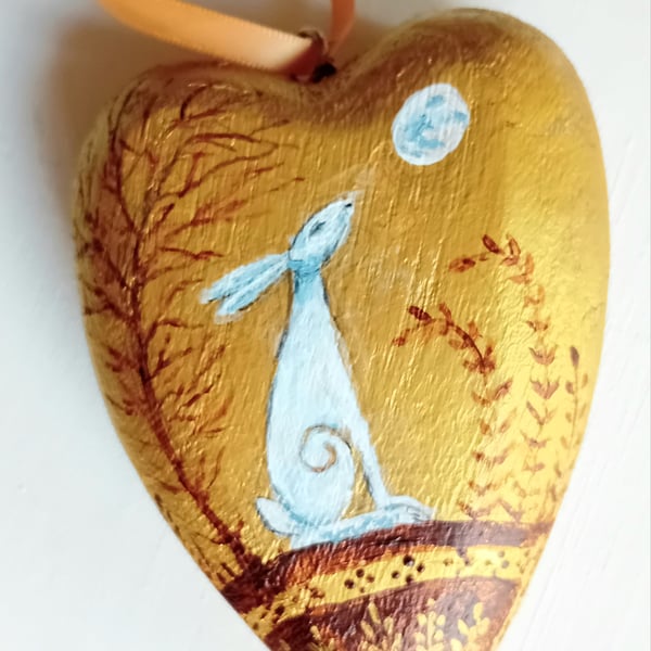 Chunky golden heart with white hare and moonlight 