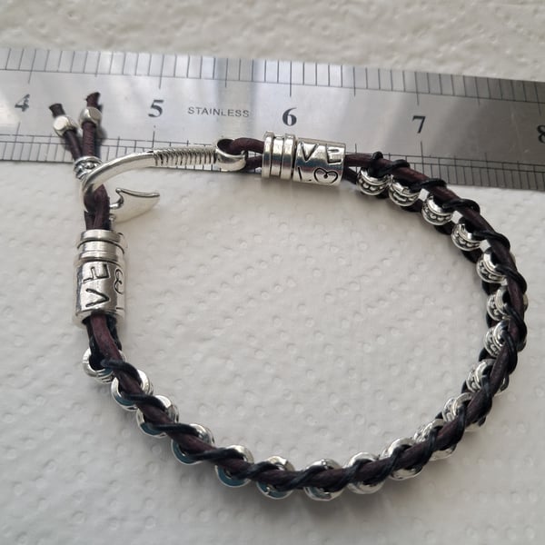 Leather Spacer  black burgundy silver Bracelet Handmade