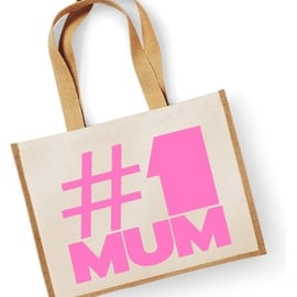 Hashtag Number One Mum Large Jute Shopper Bag Mothers Day Birthday Christmas 