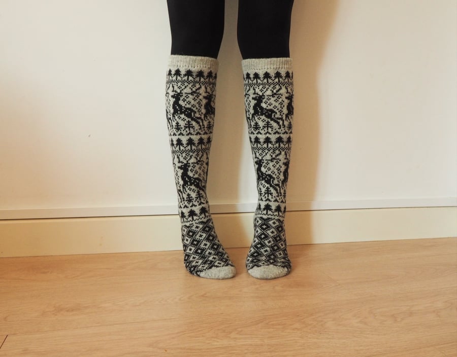 READY TO SHIP Knee Length knitted light grey and black wool socks reindeer deer 