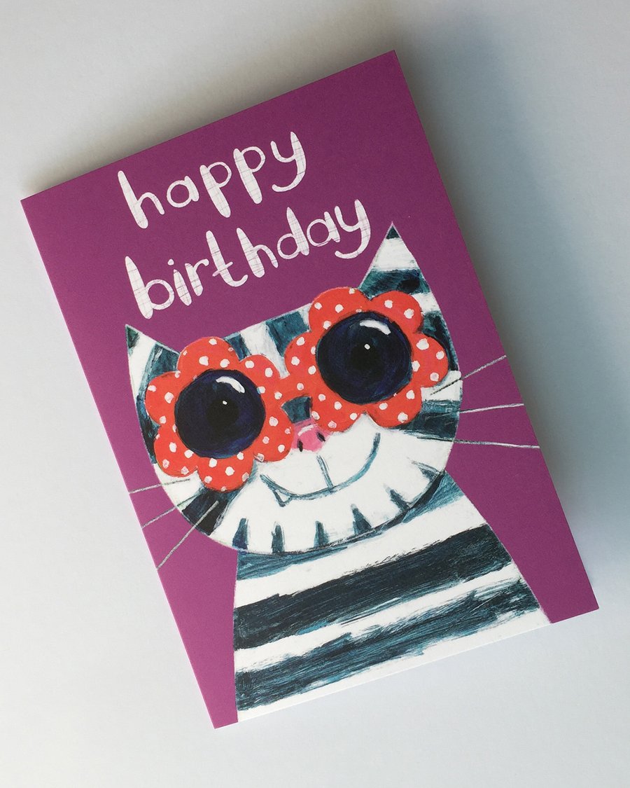 Sunglasses Cat Happy Birthday card in Purple