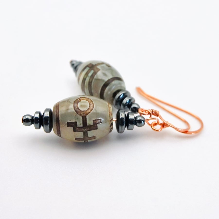 Tibetan Style Dzi Etched Agate Earrings, Birthday, Anniversary, Gifts For Her 
