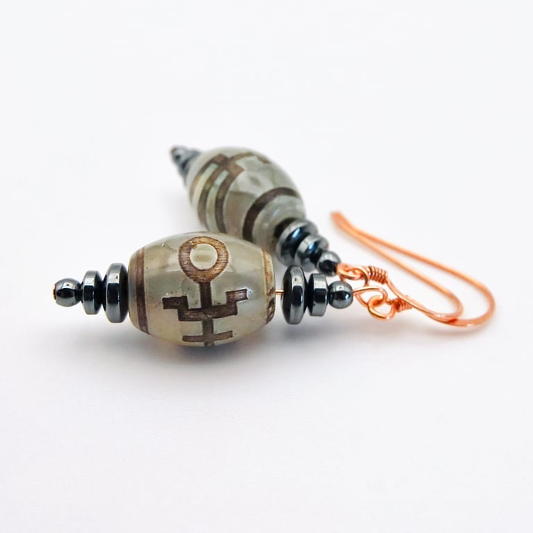 Tibetan Style Dzi Etched Agate Earrings, Birthday, Anniversary, Gifts For Her 