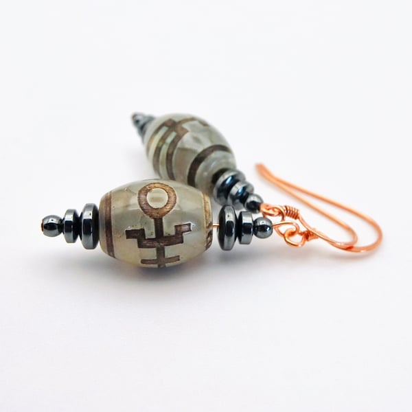 Tibetan Style Dzi Etched Agate Earrings, Birthday, Anniversary, Gifts For Her 
