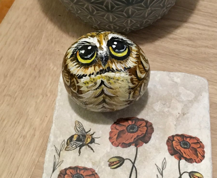 Owl hand painted pebble garden rock art bird stone portrait 