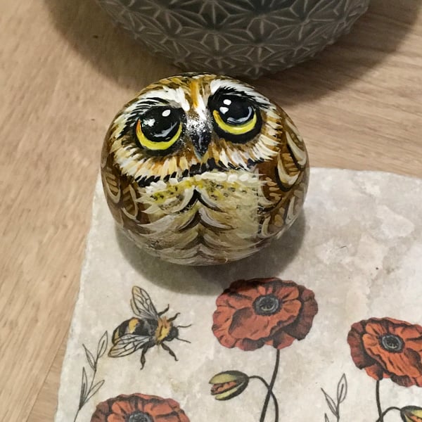 Owl hand painted pebble garden rock art bird stone portrait 