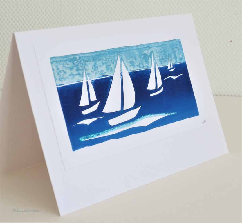 Sailing on the solent handprinted blank greeting card
