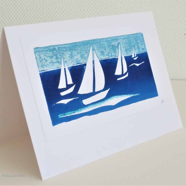 Sailing on the solent handprinted blank greeting card
