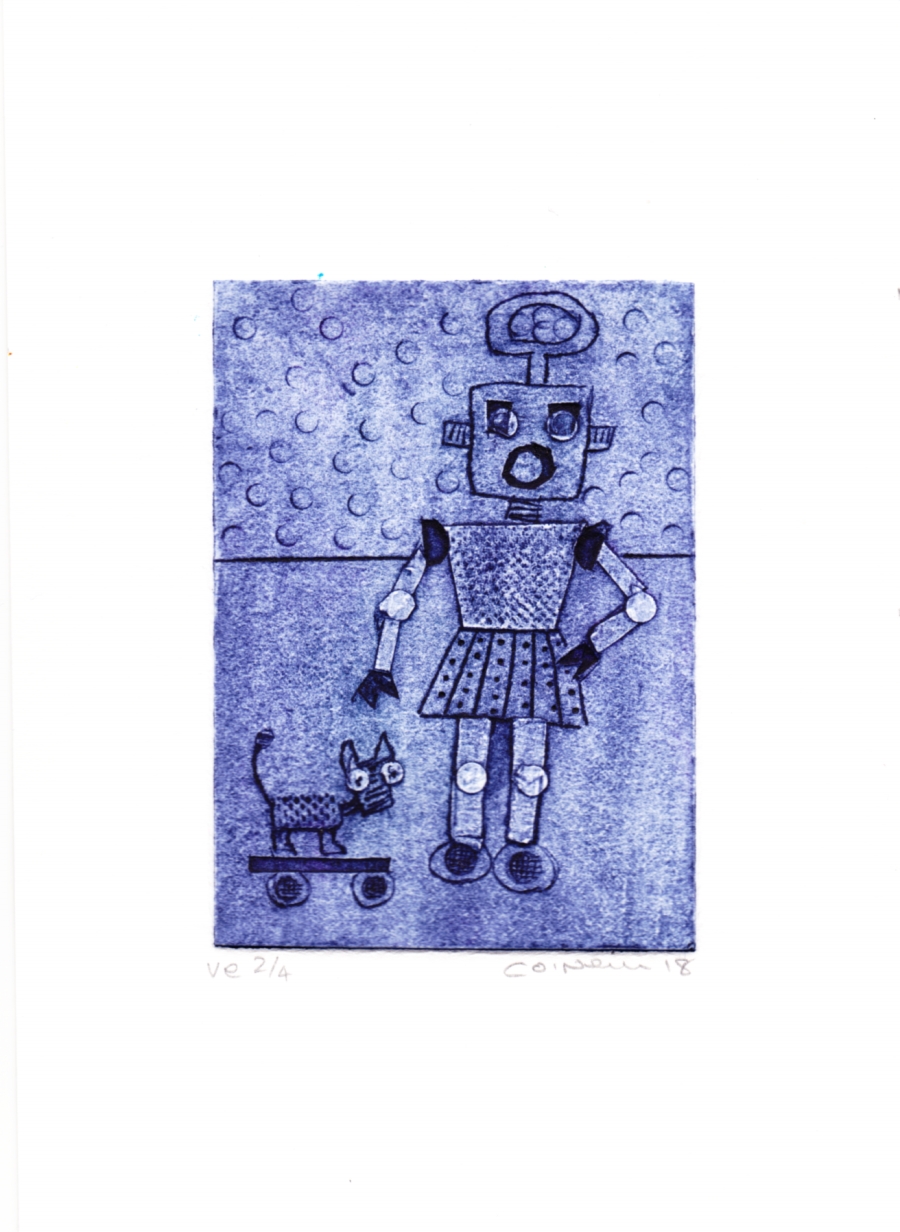 Little Robot 2.4.  Small Collagraph Print