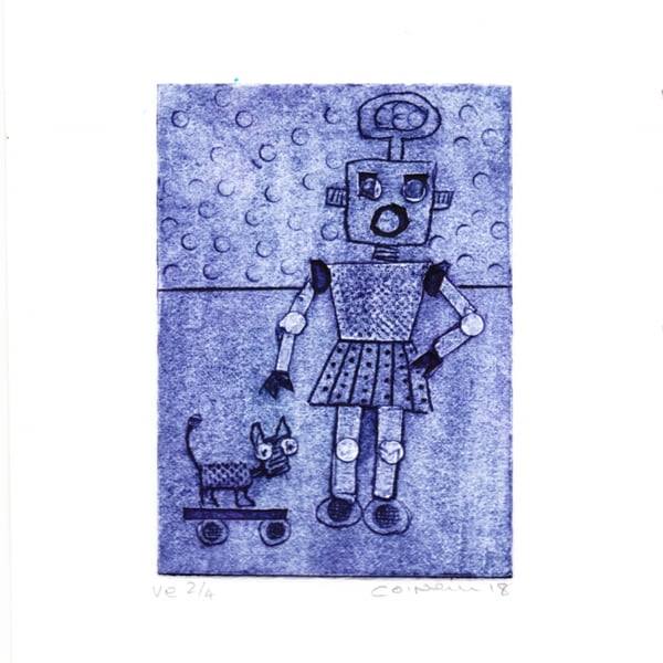 Little Robot 2.4.  Small Collagraph Print