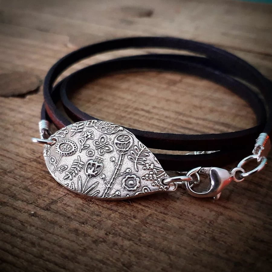 Scandi Flower Wrap Bracelet, Leather and Silver handmade