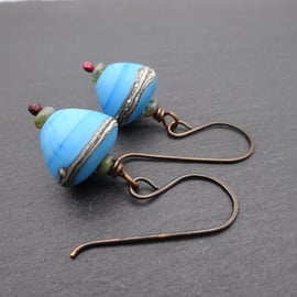 blue lampwork glass earrings, copper jewellery