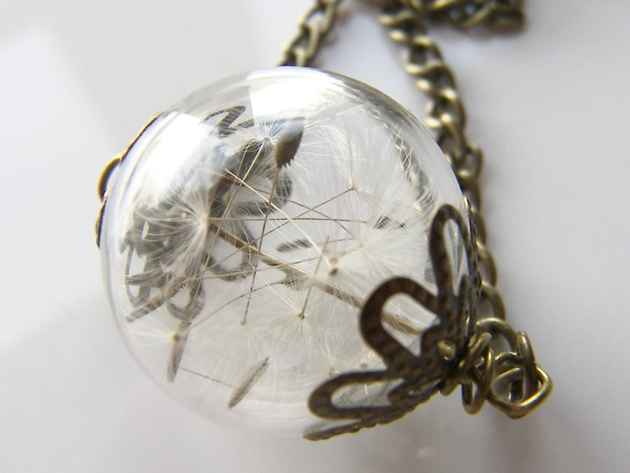 Real Dandelion Seeds Glass Globe Necklace - MAKE A WISH