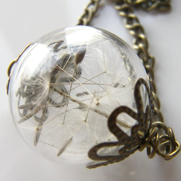 Real Dandelion Seeds Glass Globe Necklace - MAKE A WISH