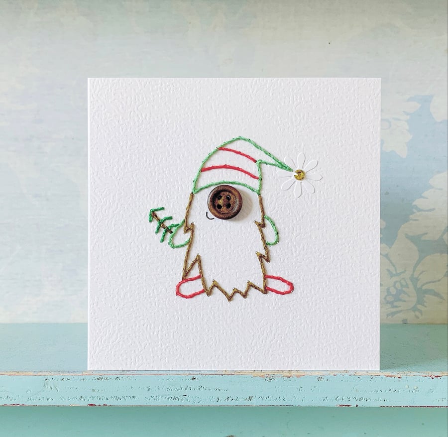 Hand Sewn Card. Christmas Gnome. Scandinavian Design. Gnomes.
