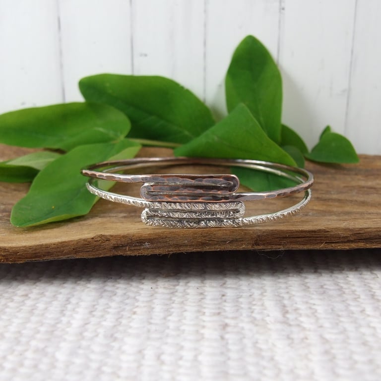 Two Bangle Set. Sterling Silver and Copper Fold Bangles. Fits Size Small 19cm 