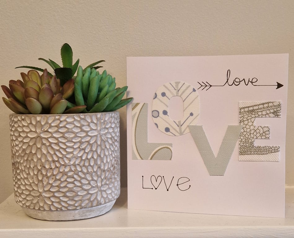 LOVE Valentine's card handmade fabric pale green neutrals LOVE