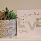 LOVE Valentine's card handmade fabric pale green neutrals LOVE