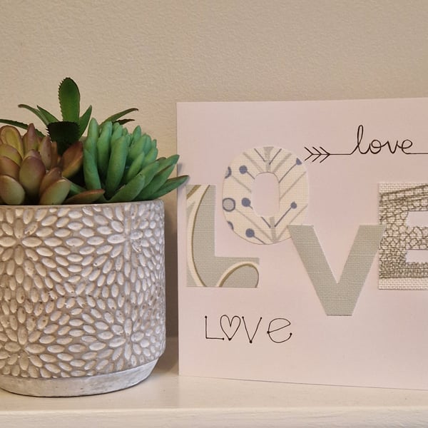 LOVE Valentine's card handmade fabric pale green neutrals LOVE