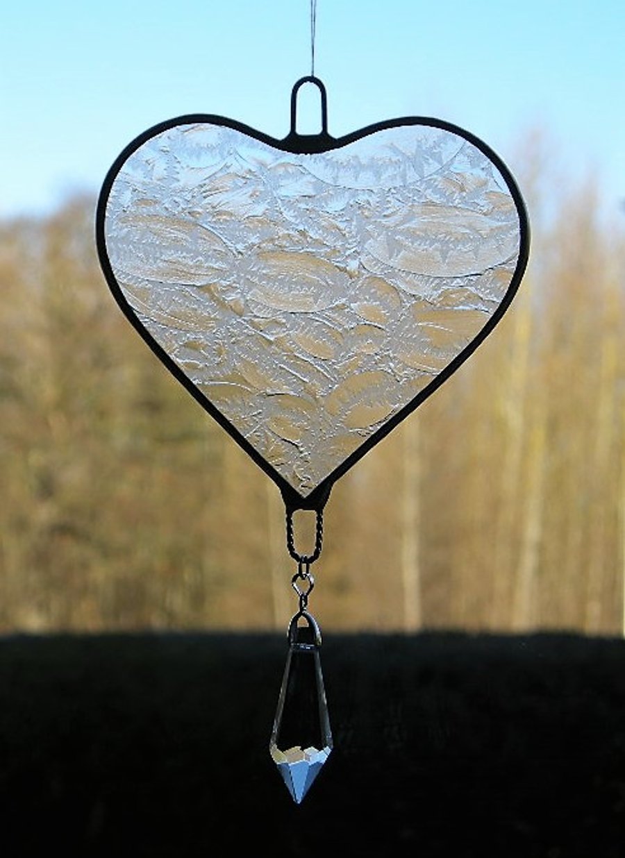 Stained Glass suncatcher (Love Heart) clear frosty texture glass with drop bead