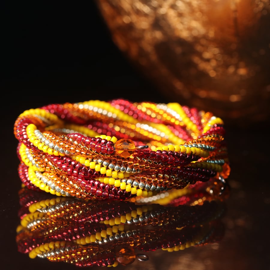 Herringbone Wrap Beaded Bracelet in Red, Orange and Yellow