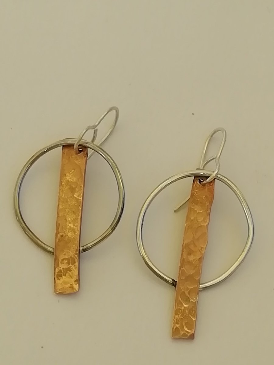 Sterling Silver Wire Hoop and Copper Rod Earrings 