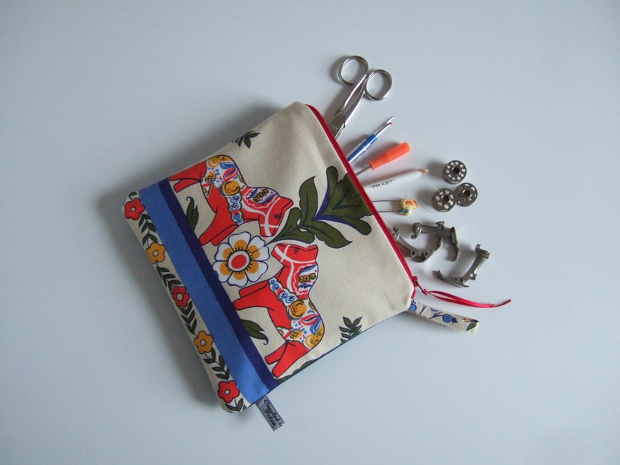 Swedish Dala horse vintage tablecloth purse, pouch, make up or toiletries bag