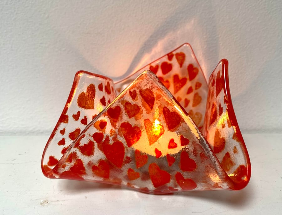 Fused Glass Heart of Hearts Draped Candle Holder