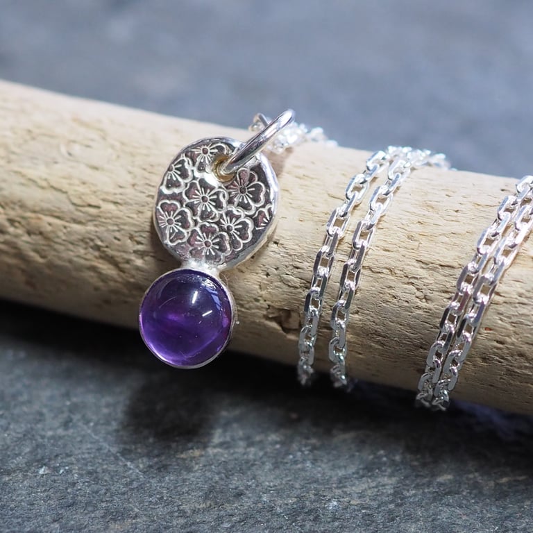 Amethyst and sterling silver necklace pendant, daisy design flower jewellery