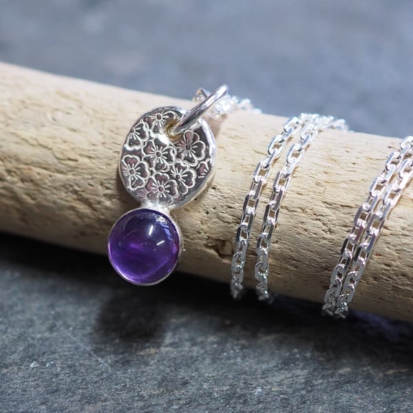 Amethyst and sterling silver necklace pendant, daisy design flower jewellery