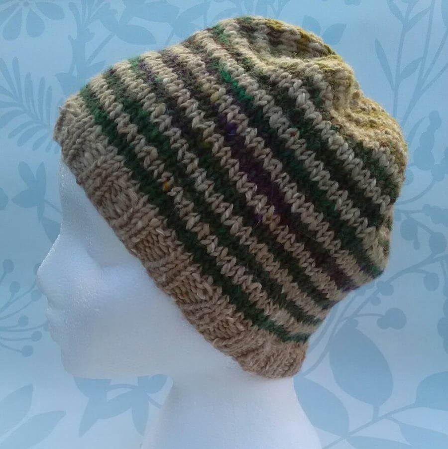 Handknit Noro Donegal Tweed stripey Hat green mix MED