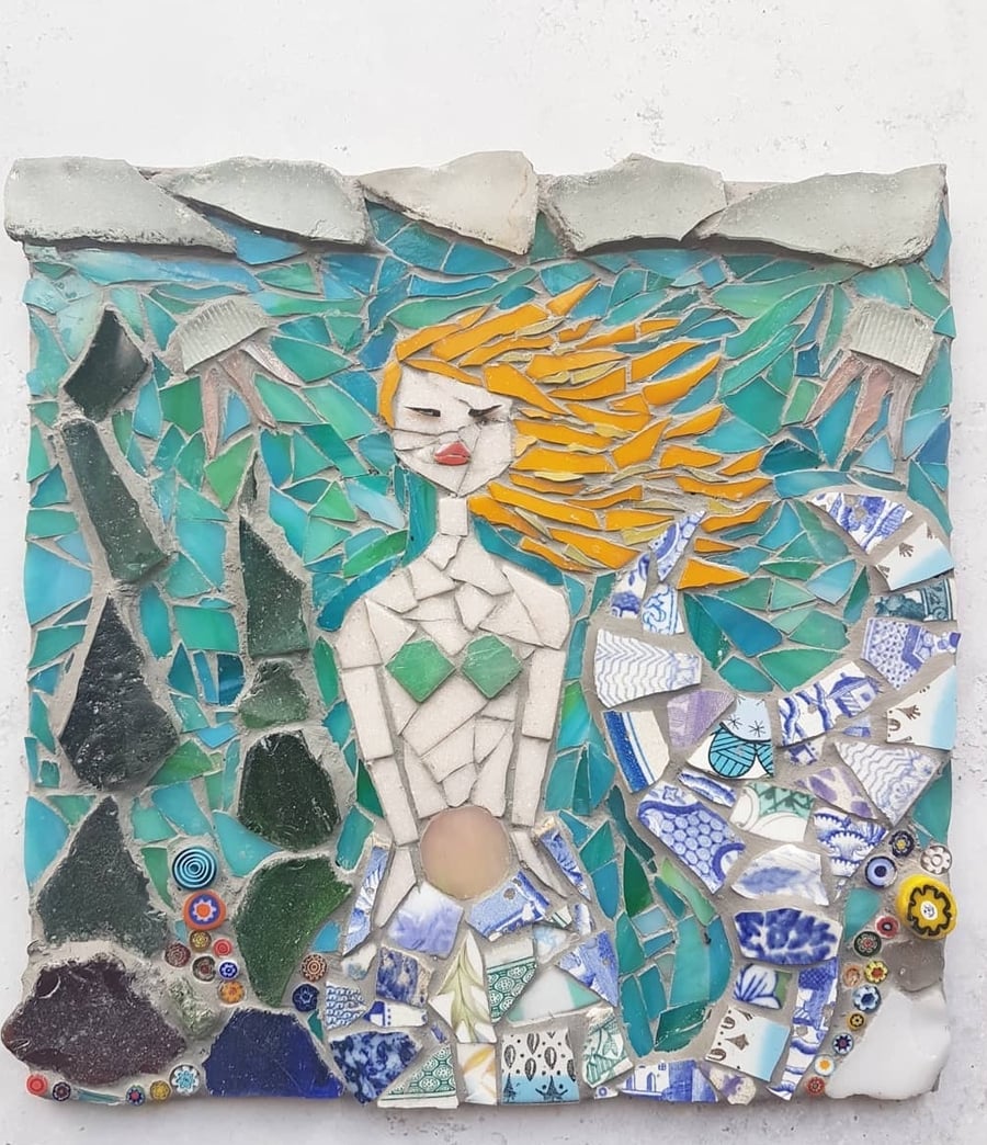 Mermaid Mosaic, Mermaid Art, Beach, Mermaid Plaque, Beach wall art, Sea Glass